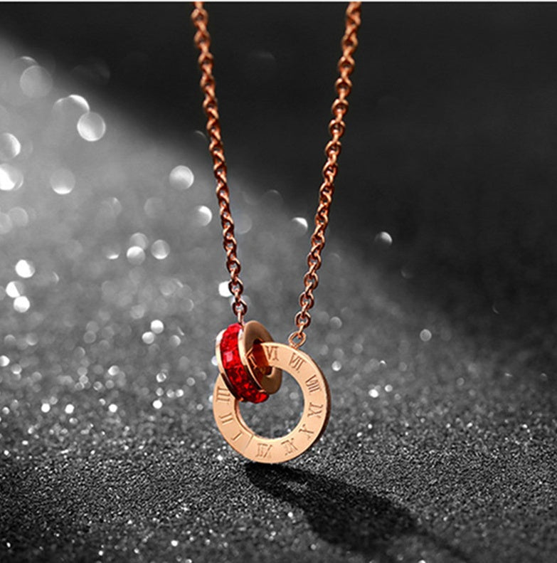 18k Rose Gold Roman Double Ring Necklace – Titanium Steel Plated Women’s Jewelry