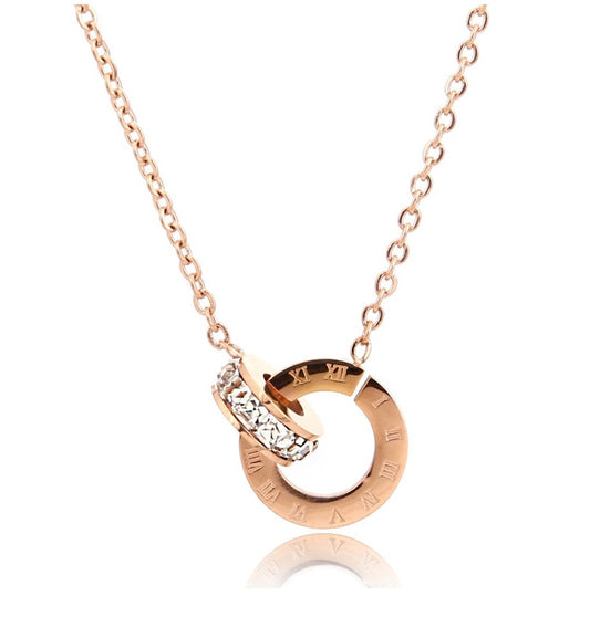 18k Rose Gold Roman Double Ring Necklace – Titanium Steel Plated Women’s Jewelry